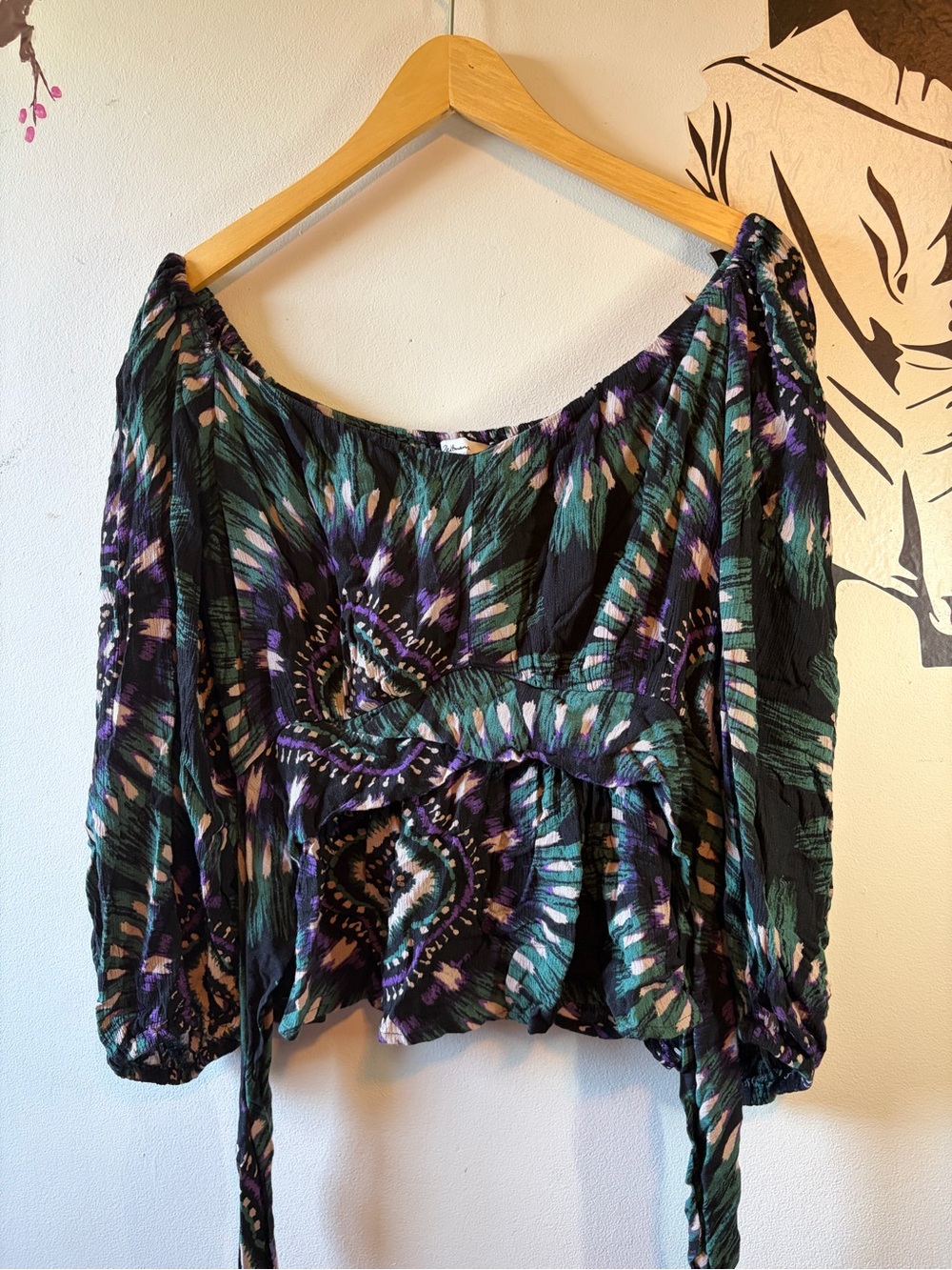 Off-Shoulder Boho Peasant Top in Teal & Purple
